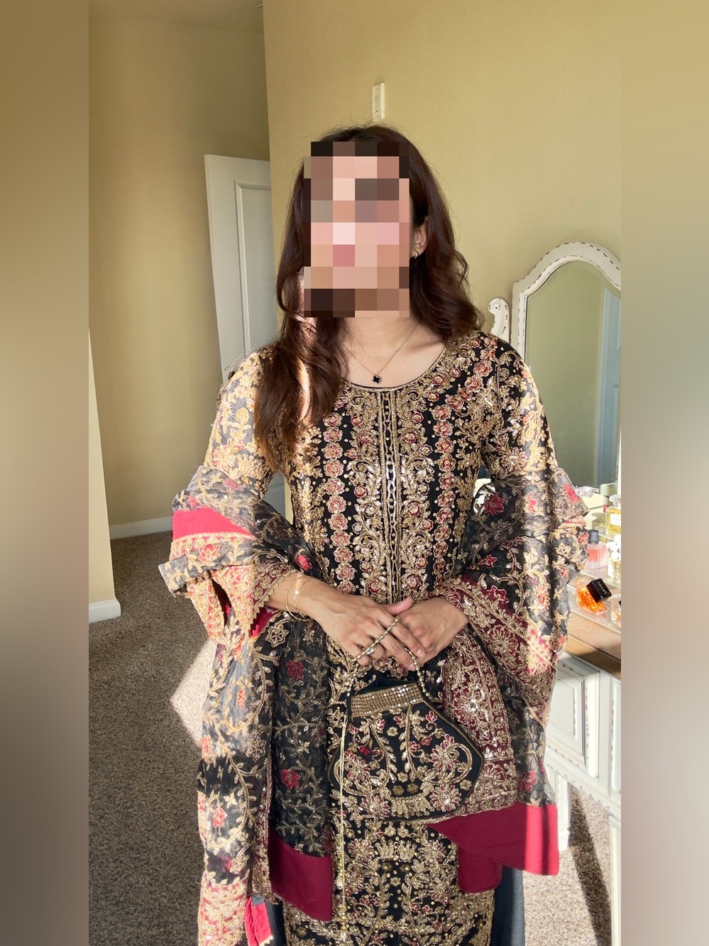 Haseens official Embroidered Black & Gold Traditional Tunic with Red Accents